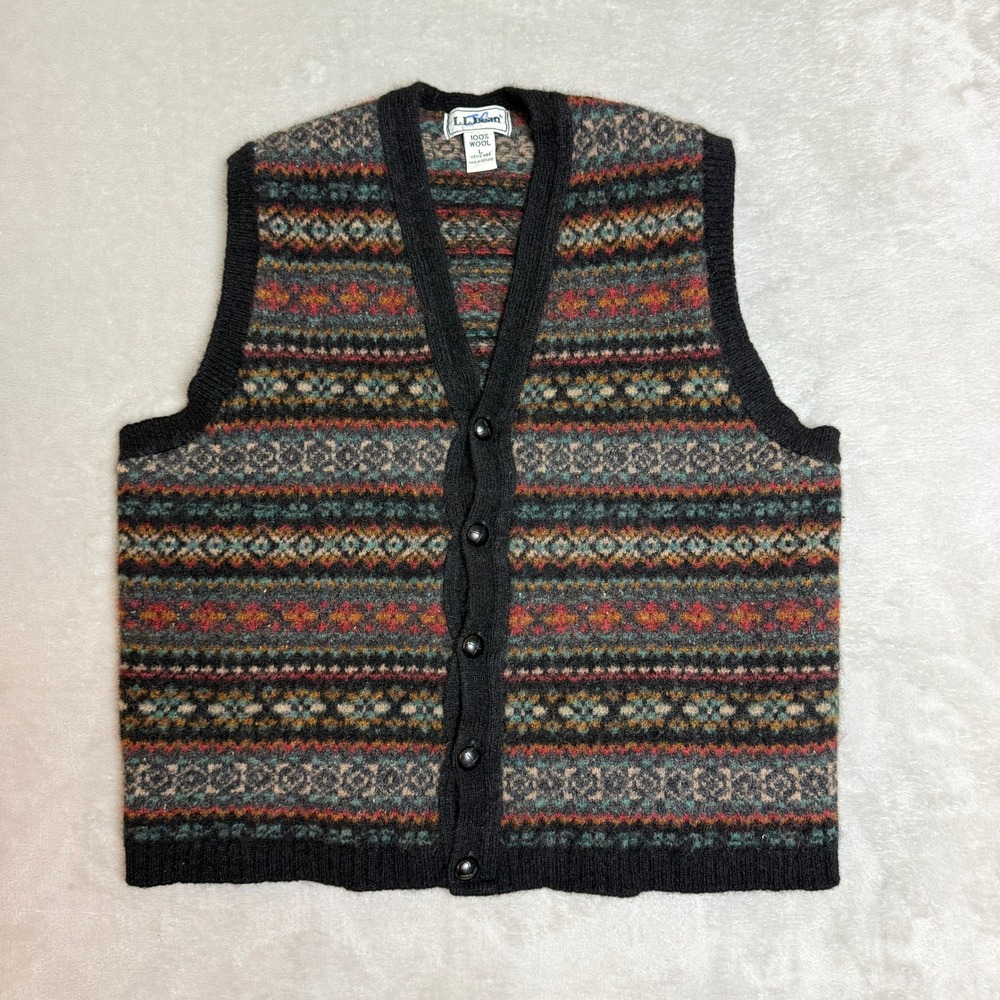 VTG LL Bean Fair Isle Wool Cardigan Vest Mens L (Fit M) Scotland Grandpacore 90s
